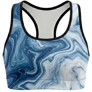 Women's Racerback Sports Bra Blue Marble Print Medium Support Comfortable Breathable Yoga <b>Top</b> <b>Mesh</b> Back Design Spandex Polyester - Product Image 1
