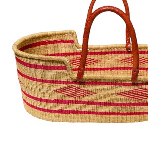 Woven red stripe diamond <b>seagrass</b> changing <b>basket</b> integrated with rattan changing kid <b>basket</b> and brown handles for <b>storage</b> - Product Image 3