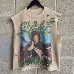 เสื้อยืดแขนกุดสตรีทแวร์สไตล์วินเทจลายกราฟิกพิมพ์ลายสกรีนผ้าคอตตอนหนานุ่มประดับคริสตัลสำหรับผู้ชาย - Product Image 1