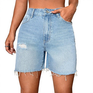 Shorts en jean taille haute déchirés pour femme, couleur unie, ourlet déchiré, style décontracté d'été, bleu clair, tissu coton 2026 - Product Image 6