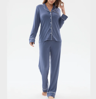 Ensemble de pyjama en modal pour femmes, 160 g/m², haut à manches longues boutonné et pantalon droit, vêtements de nuit avec passepoil blanc