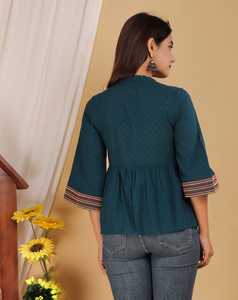 Blusa Elegante para Mujer, Color Verde Pavo Real, Bordada, Estilo Casual, Étnico, Occidental, con Parte Inferior Acampanada - Product Image 3