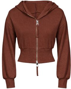 Womens Chocolate Brown <b>Cropped</b> <b>Zip</b> <b>Up</b> Hoodie Slim Fit Long Sleeve Casual Streetwear Cotton Fleece Sweatshirt Custom Logo ODM - Product Image 1