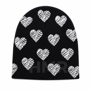 HMR Sisterhood Brotherhood Black Heart Pattern Jacquard Beanie Designer Skull Hat Unisex Winter Hat Adult Casual Knit Hat - Product Image 1