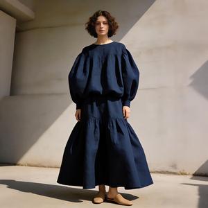 Vestido Maxi de Lino y Algodón Azul Marino Sólido para Mujer, Vestido Holgado de Estilo Bohemio con Mangas Abullonadas - Product Image 1