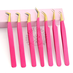 High Hot Sale Popular Glitter Hot Pink Eyelash Extension Fiber Tip Tweezers 90 Degree Nonslip Stainless Steel Lash Tweezers - Product Image 1