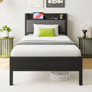 Twin Size <b>Bed</b> Frame with Storage Headboard Up-Holstered & Charging Station Solid & Stable No Box Spring Needed <b>Easy</b> Assembly - Product Image 2