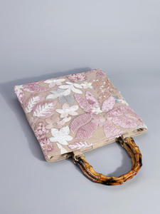 Fashion Linen Beading <b>Sequined</b> <b>Handbag</b> Floral Embroidered Bamboo Handle Tote Bag for Women Ladies - Product Image 5