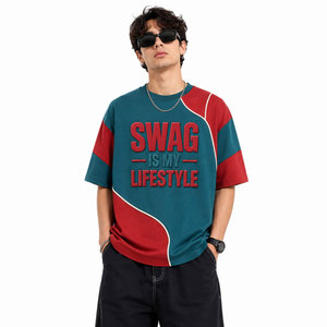 Camiseta Oversize de Color Único con Bloques de Color, Manga Corta, Cuello Redondo, Estilo Urbano, Ribete en Contraste, Estampado de Letras, Algodón con Relieve - Product Image 4