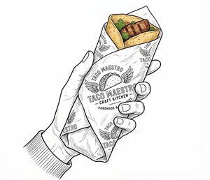 Papier d'emballage alimentaire jetable blanc, écologique, imprimé sur mesure, résistant à la graisse, pour tacos, hamburgers, frites, 60 GSM, revêtement PE, en rouleau - Product Image 1