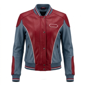 Chaqueta Bomber Varsity de Cuero Genuino para Mujer, Color Rojo Ladrillo y Azul Pizarra, con Bolsillos con Cremallera Personalizados y Ribetes a Rayas, Proveedor de Fábrica OEM - Product Image 1