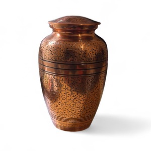 Urna de latón para cenizas de cremación, jarrón dorado de cobre con hojas grabadas - Product Image 2