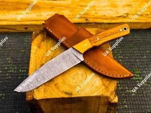 Cuchillo de Caza de Acero de Damasco con Hoja de Punta Caída, Mango de Madera y Funda de Cuero, Afilado como una Navaja, para Uso en Exteriores - Product Image 4