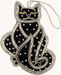 Adorno Colgante Bordado con Forma de Gato, Hecho a Mano con Cuentas de Plata Zardozi y Terciopelo, Decoración India para el Hogar, Exportación - Product Image 1