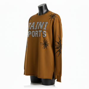 Camiseta Larga sin Mangas para Mujer, Tejido de Algodón de Alto Gramaje, Color Marrón, con Logotipo de Cristales Hotfix, Estilo Casual - Product Image 4