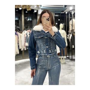 Meren cappotto in Denim con collo di pelliccia-nero