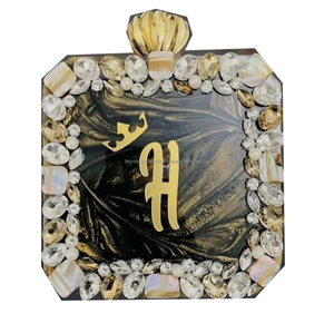 Sac à main en résine de couleur marbre, forme géométrique, sac de soirée en acrylique de couleur marbre avec bandoulière dorée - Product Image 5