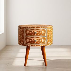 Mesa de Noche Moderna con Incrustaciones de Hueso Blanco y Naranja, Diseño Floral Hecho a Mano, Ecológica, para Muebles de Sala de Estar - Product Image 2