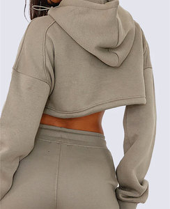 Women's Gray Cropped Hoodie Tracksuit Set Full Length <b>Flare</b> Pants Drawstring Waist Casual Autumn Wear Solid Color 2 Piece Outfit - Product Image 4