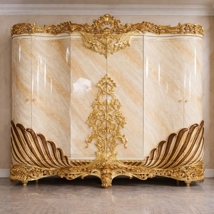 Luxury Rococo Mahogany Bedroom Furniture Set Gold Carved Upholstered Bed Wardrobe <b>Vanity</b> <b>Table</b> Villa Hotel Collection - Product Image 6