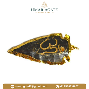 Handmade Arrowhead Pendant With Music Note Inlay Semi Precious Stone Craft Irregular Shape Gold Plated - Product Image 5