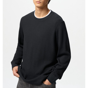 T-shirts thermiques personnalisés en gros pour hommes, à manches longues, en maille gaufrée, col rond, coupe ample, décontractés, sous-vêtements, tenues de détente - Product Image 1