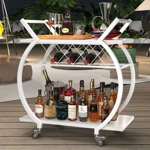 Modern <b>Black</b> Round <b>Frame</b> Bar Cart with Wine Bottle Rack 2-Tier Wooden Rolling Serving Trolley for Outdoor and Indoor Party - Product Image 2