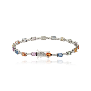 New Handcrafted Collection of 100% Real Colorful Multi Sapphire & Diamond Tennis <b>Bracelet</b> Unisex 14K Pure White Gold Jewelry - Product Image 5