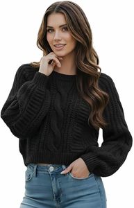 Women's Cropped <b>Cable</b> Knit Sweater, Soft and Warm Long Sleeve Pullover, Casual Knit Top for Fall Winter - Product Image 2