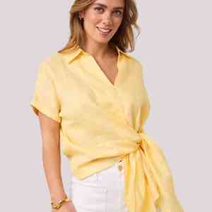 Camisa de lino transpirable de punto para mujer con logo frontal, manga corta, color liso, estilo casual, para verano 2026, venta al por mayor - Product Image 5