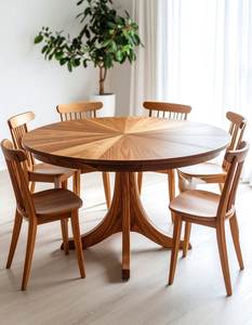Ensemble de table à manger ronde en teck moderne, meubles de salle à manger en bois massif de style scandinave - Product Image 1