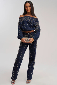 Women's <b>Off</b> Shoulder Knitted 2-Piece Set With Rhinestone Dot Pattern Loose Fit Full Sleeve Top And Pants Spring Summer Casual - Product Image 5