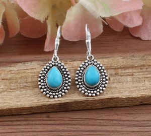 Pendientes Geométricos de Plata de Ley con Turquesa Natural, Joyería de Piedra de Nacimiento de Junio para Mujer, Regalo de Fiesta, Lujo, Venta al por Mayor - Product Image 3