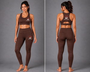 Ensemble de yoga pour femmes WARPRO INDUSTRY, haut court marron, leggings taille haute, ensemble de vêtements de sport 2 pièces, couleur unie, logo brodé - Product Image 2