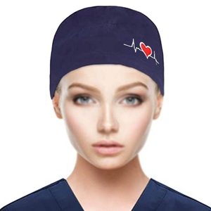 Blue Unisex Surgical Cap Heartbeat Embroidery <b>Button</b> Back Hospital Uniform Accessory Spandex/Polyester Woven WARPRO INDUSTRY - Product Image 2