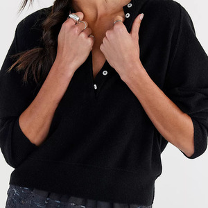 Suéter Henley de Algodón 100% Negro para Mujer, con Botones, Cuello Camisero, Hombros Caídos, Estilo Minimalista para Otoño, Venta al Por Mayor - Product Image 1