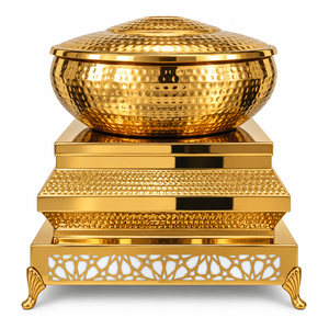 Plat de service chauffe-plats rond en acier inoxydable doré, finition miroir, design royal décoratif, avec couvercle, durable et éco-responsable pour les réceptions - Product Image 1