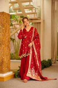 <b>Red</b> <b>Silk</b> Embroidered Salwar Kameez Set With Dupatta Floral Sequin Anarkali Outfit Traditional Dress for Wedding Party - Product Image 6