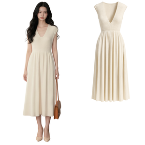 Vestido Midi Casual Elegante de Nylon Transpirable con Cuello Redondo y Manga Corta de Punto Acanalado de Alta Calidad para Mujer al por Mayor - Product Image 1