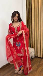<b>Women</b> Traditional Red Embroidered <b>Kurta</b> Set with Dupatta Indian Pakistani Salwar Suit Natural Crape Silk Sequence Embroidery Set - Product Image 2