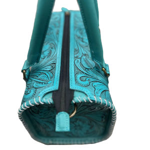 Sac Speedy en cuir turquoise fait main, motif animalier de luxe, sac à main western en cuir véritable, fermeture éclair vintage - Product Image 2