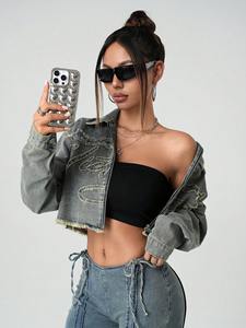 Veste en jean vintage à fermeture éclair sur le devant, manches longues, ourlet à franges, décontractée, pour l'hiver et l'automne, pour un usage quotidien - Product Image 5