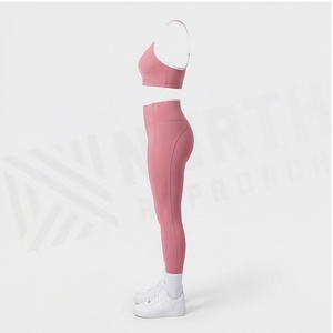 <b>Pink</b> 2 Piece Yoga Set Racerback <b>Crop</b> <b>Top</b> High Waist Full Length Leggings Seamless Sportswear Women's Activewear - Product Image 3