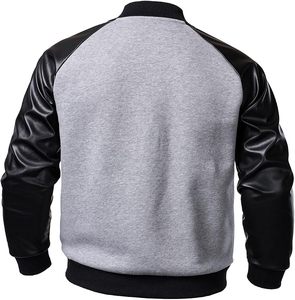 Chaqueta Varsity Gris para Hombre con Mangas de Cuero Sintético Negro, Cuello Alto, Botones a Presión, Diseño Color Block, Estilo Béisbol - Product Image 3