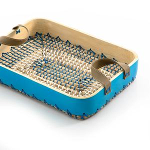 Bandeja rectangular de bambú y algas marinas, elegante, azul, con asas de cuero, venta al por mayor - Product Image 3