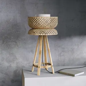 Lampu meja bambu buatan tangan berkelanjutan, tirai berdiri tenun Bohemian Minimal untuk meja samping tempat tidur ruang tamu kamar tidur