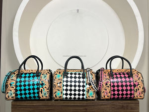 Wholesale 100% Diamond Checkered Design Western Floral <b>Tooled</b> <b>Leather</b> Speedy Bag High Quality Genuine <b>Leather</b> Crossbody Duffle - Product Image 5
