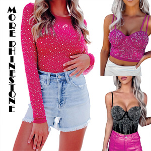 Trendy Women Hot Pink Luxury Rhinestone Tube Crop Top Stretch Fit Party Streetwear Fashion Bandeau OEM Women's Shirts Supplier - Product Image 6