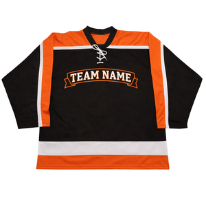 Jersey de Hockey sobre Hielo Sublimado Personalizado en Negro y Naranja, Nombre del Equipo, Hockey Profesional, Transpirable, Manga Corta para Hombre - Product Image 1