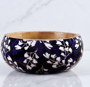 Handmade Oriental Wooden Serving <b>Bowl</b> Black Enamel Coating With White Floral Design For Home And Dining Use - Product Image 1